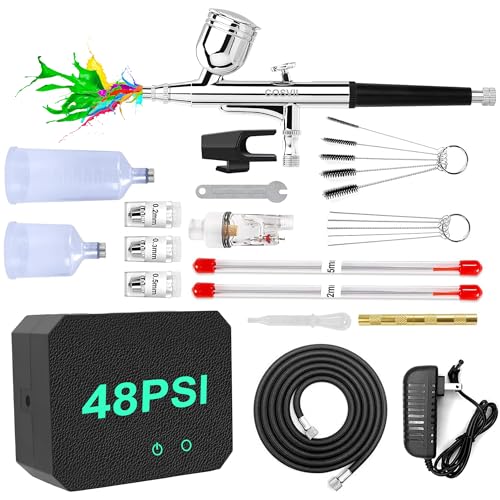 Airbrush Kit with Air Compressor, 40-48PSI High Pressure Air Brush Set, Non-Clogging Design, 0.2/0.3/0.5mm Nozzles & Full Cleaning Kit, Beginner Friendly for Nail Art, T-Shirt, DIY Model Painting