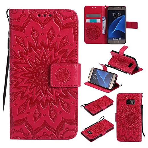 Ttianfa Fodral till Samsung S7 plånboksfodral med 2 och skärmskydd i härdat glas [2 kortplats] [Magnetisk] [stativ] Solros präglad rem PU-läder 360° stötsäker flip folio, svart