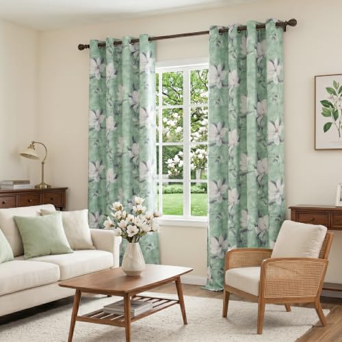 Image of MYSKY HOME Floral 95% Blackout Curtains 102 Inch Long 2 Panels Set for Kitchen White Flower Printed Thermal Insulated Light Blocking Black Out Grommet Window Treatments, 52 inch W Each Panel, Sage Green