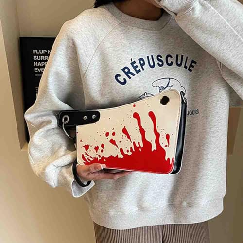 Image of PU Leather Creative Prank Knife Shoulder Bag, Japanese Cartoon Gothic Horror Crossbody Bag, Bloody Axe Chopper Clutch Purse
