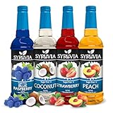 Syruvia Sugar Free Syrup Variety Pack: Strawberry, Coconut, Peach & Blue Raspberry - Gluten-Free, Kosher, 25.4 fl oz Bottles - Enhance Your Coffee Experience
