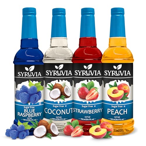 Syruvia Sugar Free Syrup Variety Pack: Strawberry, Coconut, Peach & Blue Raspberry - Gluten-Free, Kosher, 25.4 fl oz Bottles - Enhance Your Coffee Experience