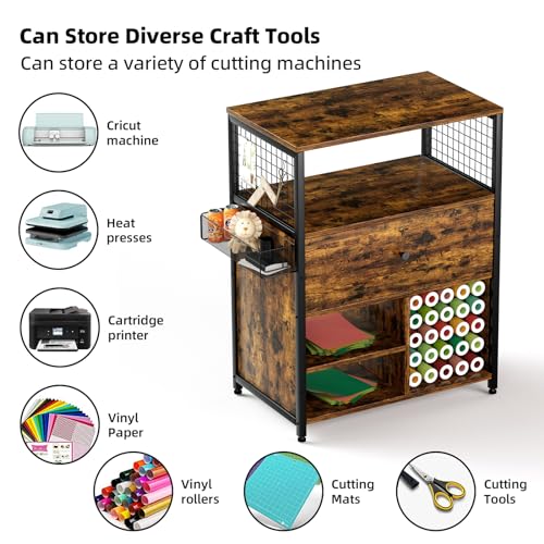 ircpen organization and storage compatible with cricut machines cabinet with 25 vinyl roll amp drawer holder table desk workstation for craft room home rustic brown