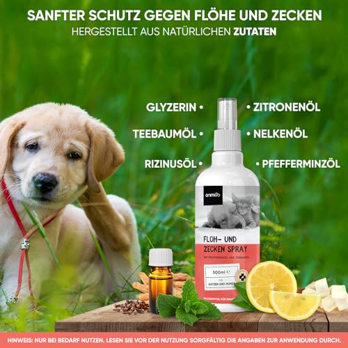 Floh & Zeckenschutz für Hunde & Katzen - Floh & Zeckenspray - Natürliches Flohmittel für Wohnung & Möbel - 500ml Zeckenschutz mit Pfefferminz & Rizinusöl - Flohspray - Anti Milben Spray - animigo