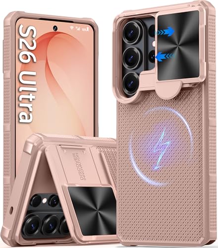 Image of Magnetic for Samsung Galaxy S26 Ultra Case,[Slide Camera Cover][Kickstand][Compatible with Magsafe][Military Grade Protection] Shockproof Rugged Case for Galaxy S26 Ultra, Rose Gold