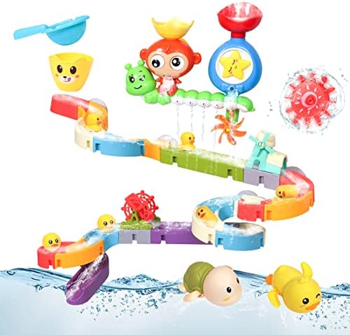 Baby Bath Toy, Bathtub Toy for Toddlers 1-3 - Includes 1 Monkey Waterfall Bath Toy, 1 Duck Slide Bath Toy, 2 Wind Up Swimming Toys - Fun Bath Time Toy Set for Kids 1 2 3 4 5 Years Old