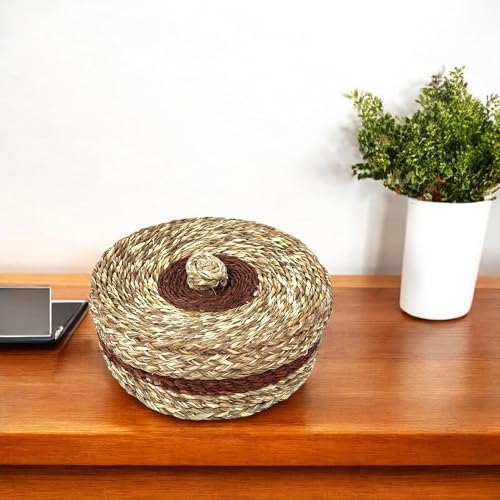 Image of Handwoven Sabai Grass Chapati Box with Lid, Round, 25x10 cm, Natural Brown