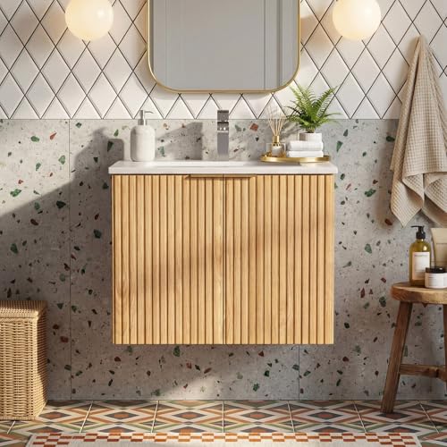 Chyanmoo 24 Inch Bathroom Vanity with Sink, Wall Mounted Floating Cabinet with Ceramic Basin, Waterproof Engineered Wood for Powder Room & Small Bathroom