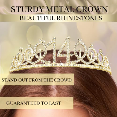 Image of Trgowaul 14th Birthday Decorations for Girls, Banner, Sash and Crown, Cake Topper, 14 Number Balloon, Fringe Curtains, Champagne Gold 14th Birthday Party Supplies