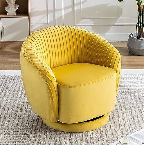 Container Furniture Direct Modern Barrel Swivel Chair with Plush Velvet Upholstery and Smooth 360° Rotation, Round Accent One-Seater Sofa for Living Room, Bedroom and Office, Yellow