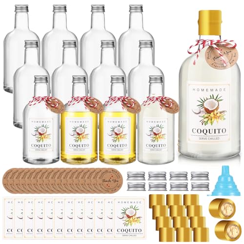 Baderke 12 Set Christmas Plastic Coquito Bottles 16 oz Christmas Wine Bottles with Caps and Tags Xmas Homemade Coquito for Home Brewing Xmas Party Favors (Gold)
