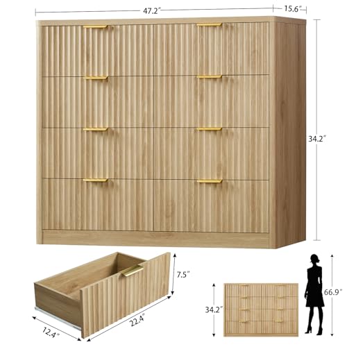 Image of TEENOFN Fluted Dresser for Bedroom with 8 Drawers, 47.2 inch Wide Modern Chest of Drawers with Metal Handle, Dresser TV Stand, Wood Closet Clothes Storage Organizer for Living Room, Hallway, Natural