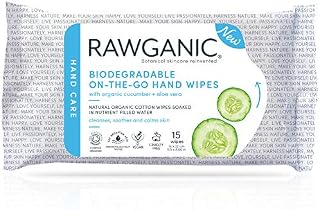RAWGANIC On-the-Go Hand Wipes, Gentle Alcohol-free Fragrance-free Biodegradable Organic Cotton Wipes | with Aloe Vera & Cucumber (1 Pack)