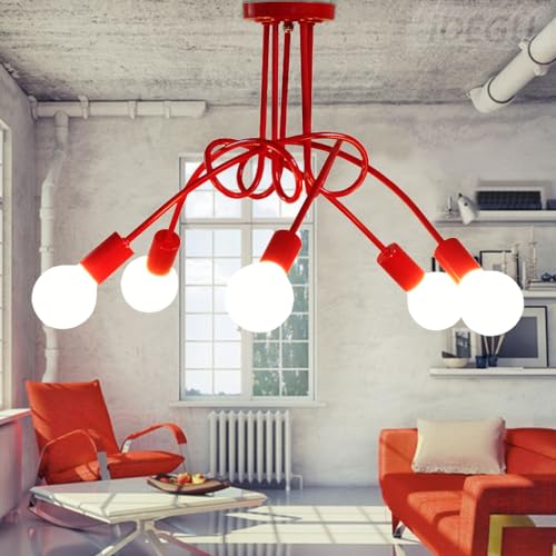 iDEGU 5 Luci Lampadario a Sospensione Retrò Lampada da Soffitto Industriale Paralume in Metallo E27 Lampada a Sospensione Moderna Plafoniera per Soggiorno, Camera da Letto (senza lampadine) (Rossa)