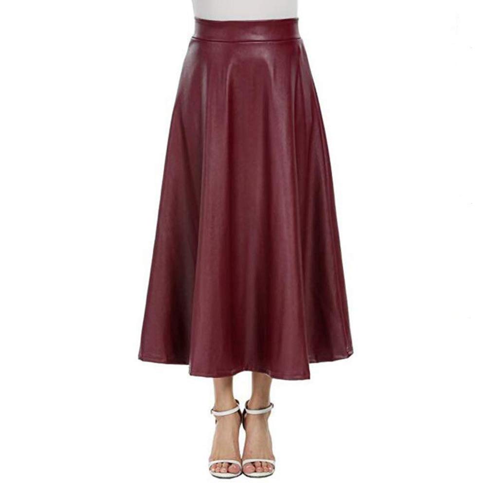 Falda Cuero Mujer Falda de Piel sintética for Mujer, Cintura Alta, Cremallera, Plisada, Corte en A, Falda Larga Acampanada