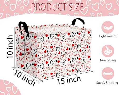 Image of Large Valentine's Day Basket Heart Shaped Storage Bin for Gifts Collapsible Organizer Room Decor (Black Red Empty Lines Love)