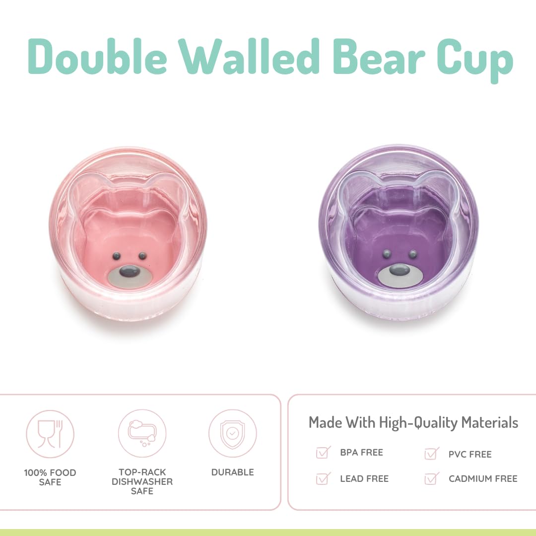 melii Double-Walled Bear Drinking Cup for Toddlers, Kids and Children (Pink + Purple - 2 Pack)