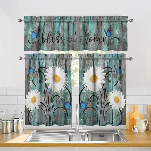 Image of Daisy Kitchen Curtains 3 Piece Set Tier Valance Window Decor