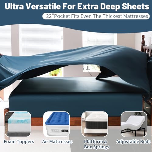 Image of Extra Deep Pocket Queen Sheets 18-24 Inch 100% Egyptian Cotton 1000 Thread Count Sateen Weave Soft Breathable 4 Pieces(Queen,Navy)