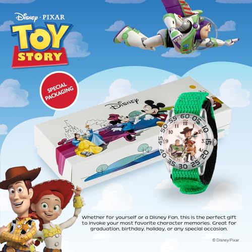 Disney Pixar Toy Story Watch for Boys Ages 3–7 – Featuring Woody and Friends Dial – Great Gift for Kids Who Love Toy Story Toys – Silver Case, Clear Bezel, and Green Fabric Strap with Velcro 6