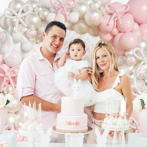 Image of Pink Bow Balloons Arch Garland Kit,JOGAMS 199Pcs Pink and White Balloon Arch Kit with 260 Clear Pearl Balloons Ribbon Bow for Bow Coquette Birthday Decorations Bachelor Baby Shower Bridal Shower