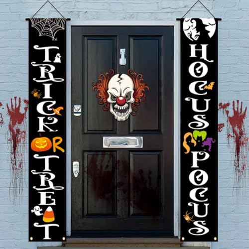 Image of Halloween Banner 70inch Horror Themed Outdoor Indoor Front Porch Sign Reusable Hanging Halloween Banner Decor for Home Party Yard Garage Front Wall Doo Decorations Supplies