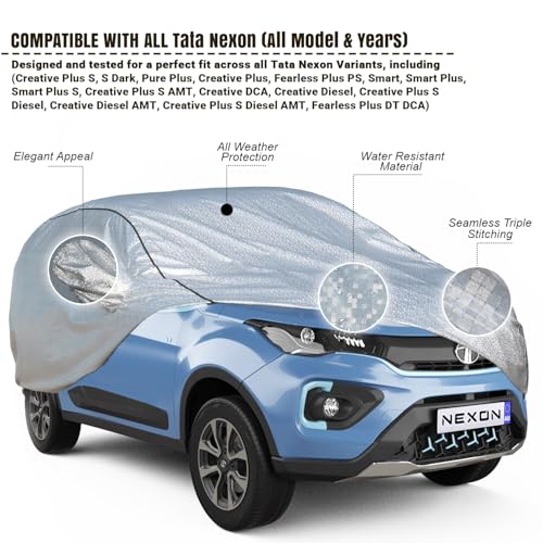 Image of Pivalo Car Cover for Tata Nexon All Model & Years (2017-2025) 100% Waterproof with Mirror Pockets, Triple Stitched Bottom Elastic Dustproof Full Body Protection (Heat & UV Resistant, Silver)