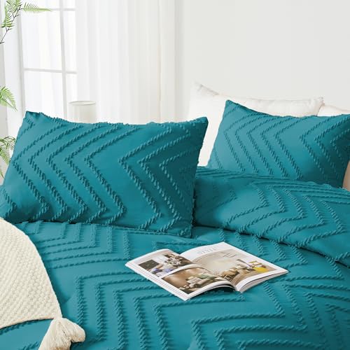 Image of Andency Turquoise Comforter Set Queen Size, Boho Soft Warm Tufted Bedding Comforter Sets for Queen Size Bed, 3 Pieces Aesthetic Chevron Farmhouse Cute Bohemian Textured Bed Set
