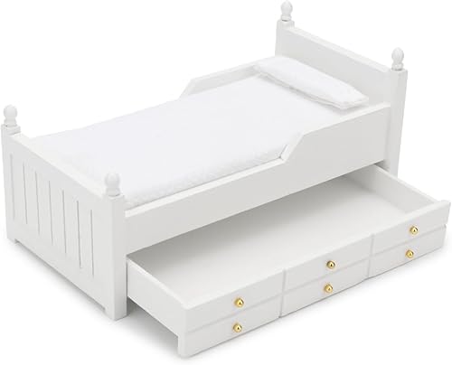 Casa de muñecas en miniatura con cajón 112 muebles de madera europeos para dormitorio, accesorios de muebles con almohada y colchones, tela floral