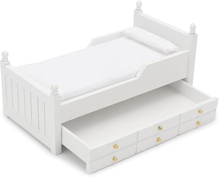 Dollhouse Miniature Bed with Drawer 112 Wooden Furniture European Bedroom Bedding Furniture Accessories with Pillow & Mattresses Vintage Floral Fabric Mini House Decoration
