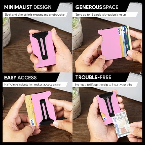 Image of Minimalist Wallet for Men, Slim Metal RFID Blocking Wallet Credit Card Holder Money Clip & Cash Strap, Scratch-Resistant Holds 15 Cards,Ideal Gift for Men | Matte Pink