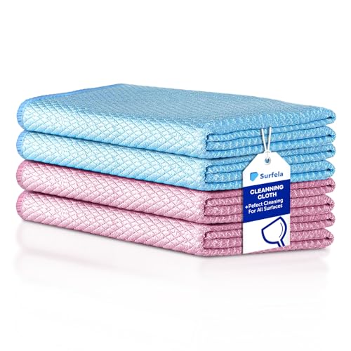 Surfela 4 Pieza Paños de Limpieza para Vidrios, Paños de Microfibra Ultra-Fina sin Rayas, Suaves, Duraderos y Libres de Químicos, Ideales para Limpiar Ventanas, Cocinas, Baños, Autos y Pantallas