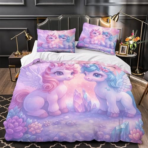 Unicorn Couple Parure de Lit Microfibre Hypoallergique 3D Effet 3 Pièces 2 Taies Ultra Douce Fantasy Winged Ponies Linge de Lit Confortable Entretien Facile...