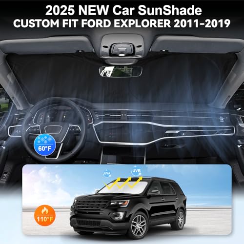 Image of Windshield Sun Shade for Ford Explorer 2011-2017 2018 2019 Sunshade | Custom Fit Explorer Accessories Sun Visor Foldable Front Window Sun Cover Protector Blocks UV Ray