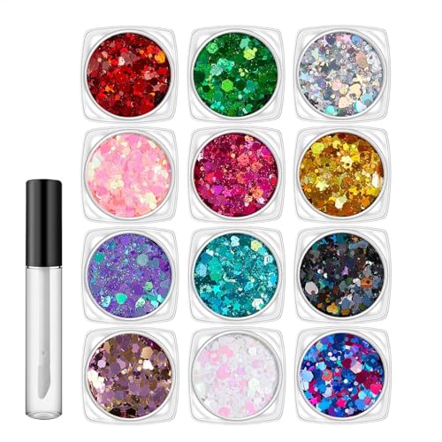 Maquillaje de brillo facial, cuerpo y brillo para el cabello | 12 colores Brillo brillante para el cabello,Suministros portátiles de carnaval, cosméticos para niñas adecuadas para la piel para fes