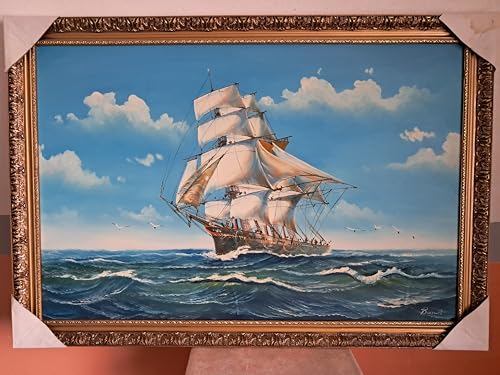 QUADRO VELIERO - DIPINTO A MANO - OLIO SU su tela - cornice oro 68X98 cm V2