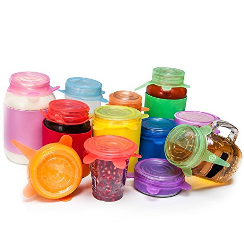 Silicone Lids 12 Pack, Stretchable, Reusable, Durable Kitchen Gadget, Dishwasher and Freezer Safe, Preserve Food (Multicolor, 1 Size Jar 12 Pack/Circular)