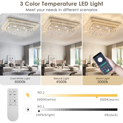 32 inch Crystal Flush Mount Gold Chandelier Remote/APP, Modern Raindrop LED Ceiling Light, 3CCT Dimmable & Brightness Adjustable,Elegant Chandeliers for Bedroom Hallway Dinning Room Living Room by COCOSTAR - Image 3