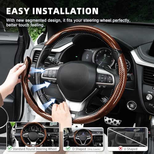 Image of Amiss 3pcs Carbon Fiber Anti-Skid Steering Wheel Cover, Waterproof Design, Universal Fit for 14-16 Inch Car Wheel Cover, Interior Car Accessories for Jeeps, SUVs, Trucks (Glossy Brown)
