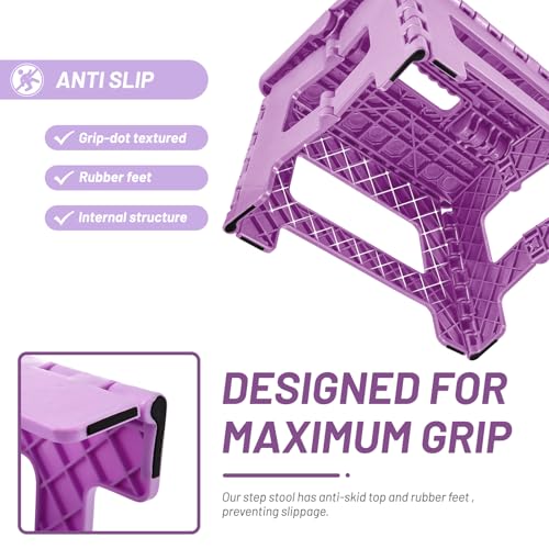 Image of Delxo 9 inch Folding Step Stool, Non-Slip Foldable Small Stools Up to 300 LBS, Kids Step Stool with Handle Lightweight for Kitchen, Bathroom, Bedroom, Garden, Light Purple, 1PC