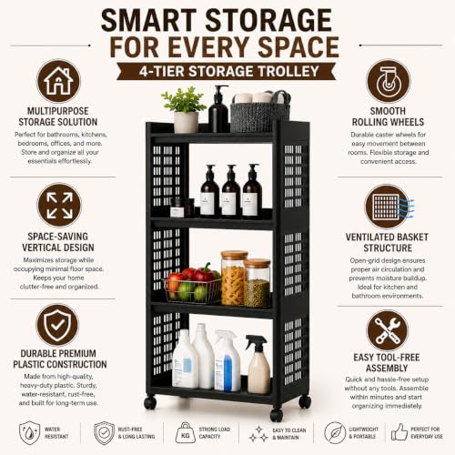 Image of 4 Tier Multipurpose Plastic Trolley with Wheels | Storage Rack Organizer | Bathroom Trolley Organizer | Kitchen Trolley with Wheels | Plastic Rack Kitchen | Black