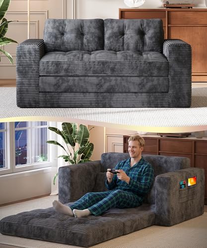 Gizoon Boneless Convertible Floor Sofa Bed, 59" Folding Loveseat Couch for Small Spaces, Corduroy 2 Seater Lounge Sleeper with 2 Pillows & Pockets for Living Room Bedroom Apartment, No Assembly, Grey