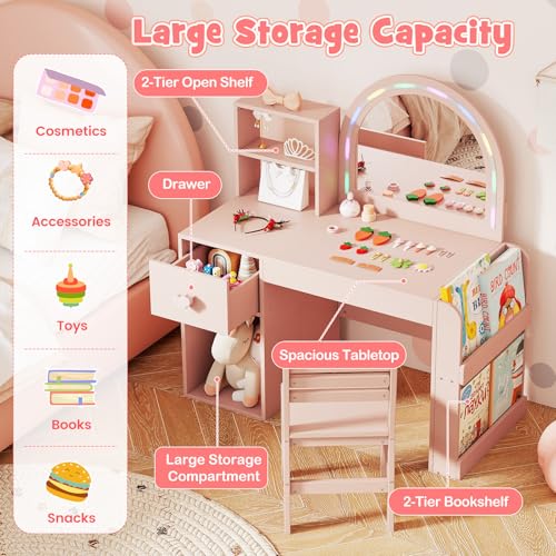 Image of HONEY JOY Kids Vanity with Lights and Open Bookshelf, Princess Makeup Dressing Desk, Storage Cabinet, Wooden Pretend Play Toddler Vanity Table & Chair Set with Lighted Mirror for Little Girls (Pink)