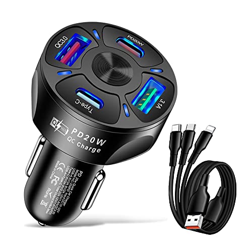 Computación, Wireless JQXD Cargador de Coche USB y Tipo C,Adaptador Auto Carga Rápida Cuatro Puertos,USB QC 3.0 y PD 20W con Cable de Carga Múltiple USB 3 en 1, Compatible con...