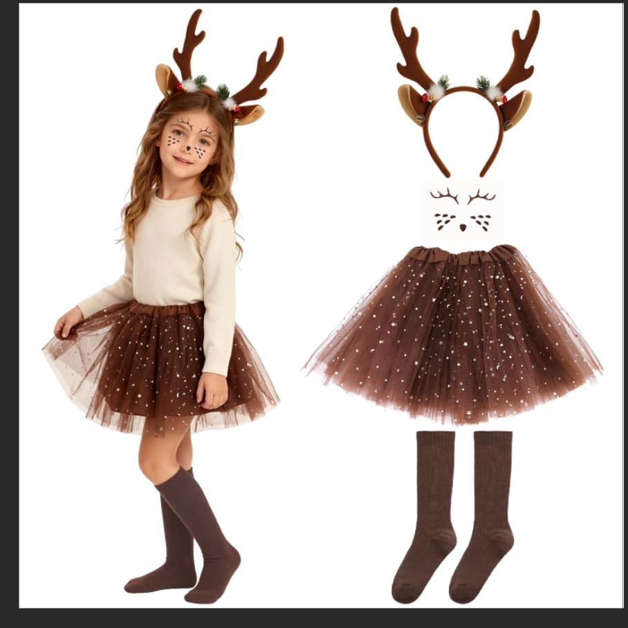 Livdouyu 4 Stück Rentier Kostüm Kinder Mädchen Karneval Kostüm Kinder Set mit Rentier Haarreif Tutu Rock Socken Gesichtstattoo für Karneval Weihnachten Geburtstag Cosplay