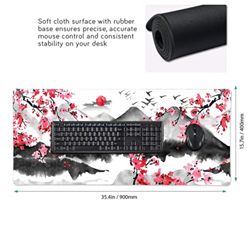 Image of Sweetshow Japanese Cherry Blossom Mouse Pad 35.4 X 15.7 Inch XXL Full Desk Pink Watercolor Sakura Cool Design Gaming Mousepad Extended Large Non-Slip Rubber Base Keyboard Mat with Stitched Edges