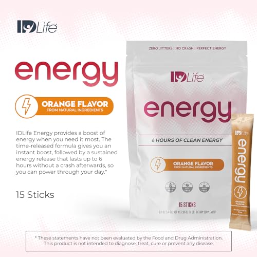 Image of IDLife - Orange Energy Drink Powder - Sustained Energy Boost for Work, Gym and Daily Use - 6-Hour Boost, No Jitters or Crash - 15 Sticks Per Bag