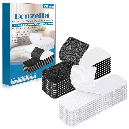 Image of BONZELLA 20pcs Self Adhesive Hook and Loop Strips Tape 1x4 Inch Mosquito net Mounting Tape For Home, Office, Carpet, Multipurpose Double Sided Hook & Loop Tape for Crafting & Hanging (Black + White, 1in X 4in)