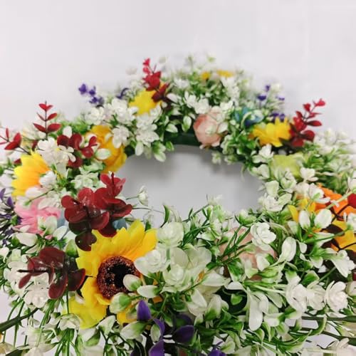 Sunflower Wreath, 17 Inch Fade Resistant Artificial Fall Wreath with Lifelike Sunflowers White Flower and Rich Green,Autumn Wreaths for Farmhouse Wall Thanksgiving Day Harvest Festival Decor (Green) - image 2