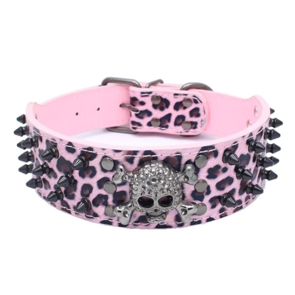 Skull Rivet Pet Collar,Sharp Spiked Studded Dog Collar,Stylish Leather Halloween Dog Collar for Medium & Large Dogs Pitbull,Labrador,Boxer (Pink, M(Neck17-20in))